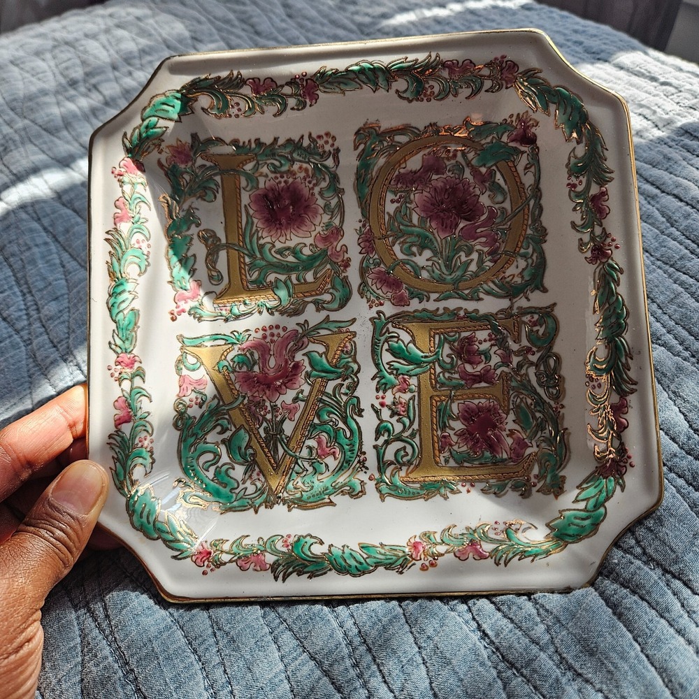Vintage Oriental Hand Painted Dish Plate Raised Gold Gilded Scalloped Square